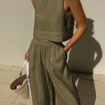 Solid Color Round-Neck Sleeveless Vest + Elasticity Wide Leg Pants Two Pieces Set