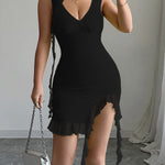 Bodycon High Waisted Pleated Solid Color V-Neck Mini Dresses