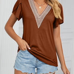 Zeagoo Zeagoo Women's Contrast Lace Trim V Neck Blouses Petal Short Sleeve Tunic Loose Casual Soft Shirts