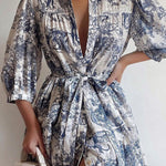 Loose Puff Sleeves Pleated Printed Split-Joint Tied Waist Lapel Mini Dresses Shirt Dress