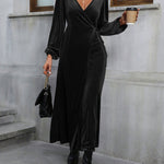 High Waisted Long Sleeves Solid Color Split-Side Tied Waist Velvet Deep V-Neck Maxi Dresses