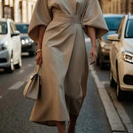 Elegant waist dress with casual batwing sleeves