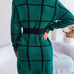 Elasticated Waist Long Sleeves Belted Contrast Color Plaid Round-Neck Mini Dresses Sweater Dresses