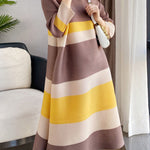 A-Line Loose Pleated Striped Round-Neck Midi Dresses