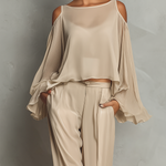 Women's Beige Chiffon Cold-Shoulder Blouse With Flared Sleeves & Wide-Leg Pants Set