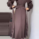 A-Line Long Sleeves Pleated Solid Color Tied Waist Zipper Mock Neck Maxi Dresses
