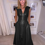 A-Line Elasticated Waist Pockets Solid Color Split-Joint Zipper V-Neck Midi Dresses