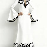 A-Line Flared Sleeves Abstract Printed Contrast Color Hollow Line Split-Joint Stand Collar Maxi Dresses