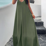 Loose Sleeveless Pleated Solid Color Split-Joint Spaghetti-Neck Maxi Dresses