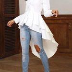 High-Low Long Sleeves Buttoned Falbala Solid Color Lapel Collar Blouses&Shirts Tops