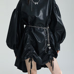 High-Low Long Sleeves Drawstring Pleated Solid Color Stand Collar Mini Dresses