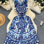 Sleeveless Belt Buckle Buttoned Contrast Color Floral Printed Midi Dresses