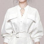 Long Sleeves Loose See-Through Split-Joint Split-Side Tied Waist V-Neck Midi Dresses Shirt Dress