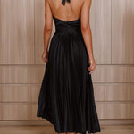 Beaming Smile Satin Halter Neck Pleated Midi Dress