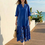 A-Line Long Sleeves Hollow Pleated Solid Color Split-Joint V-Neck Maxi Dresses