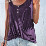 Kink T-Shirt Solid Color Cross Button Round Neck Sleeveless Tank Top