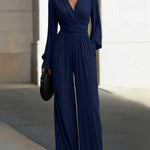 Draped V-Neck Long-Sleeve Wide-Leg Jumpsuit