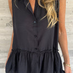 Black Plain Frill Ruffle Hem Sleeveless Shirt