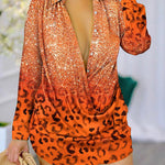 High-Low Long Sleeves Leopard Printed Lapel Mini Dresses Shirt Dress