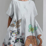 Women's Cute Cat Short Sleeve Linen Blend Midi Dress