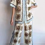 Lakeside Breeze Linen Blend Unique Print Elastic Waist Pocket Wide Leg Pants