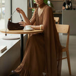 Cape Irregularity Layered Pleated Ruffled See-Through Solid Color Split-Joint High Neck Maxi Dresses