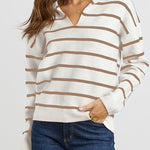 Striped Long Sleeve Polo V Neck Pullover Sweater