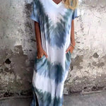 A-Line Loose Contrast Color Pockets Tie-Dyed V-Neck Maxi Dresses