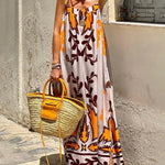 A-Line High Waisted Contrast Color Pleated Printed Split-Joint Spaghetti-Neck Midi Dresses