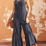 Grey Solid Color Sleeveless Flare Leg Jumpsuit with Pockets