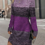 Long Sleeves Loose Contrast Color Printed Split-Joint Round-Neck Midi Dresses