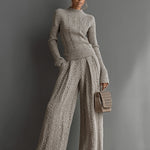Women's Taupe Elegant Knit Textured Sweater & Wide - Leg Pants Set