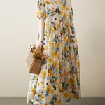 A-Line Loose Floral Printed Round-Neck Midi Dresses