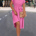 A-Line High Waisted Buttoned Solid Color Tied Waist Lapel Collar Midi Dresses Shirt Dress