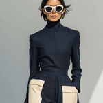 Women's Fashionable And Elegant Navy Blue Turtleneck Long-sleeved Fitted Top Paired With Matching Wide-leg Trousers With White Color Blocking Pockets