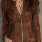 Vintage Caramel Brown Lace Trim And Zip Front Suede Mini Dress