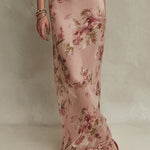 Elegant Holiday Floral Print Keyhole Neckline Chiffon Maxi Dress