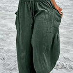 Elastic-waist Pleated Wide-leg Loose Cotton Linen Trousers
