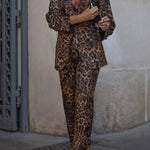Leopard print suit and wide-leg pants two-piece set