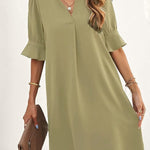 A-Line Flared Sleeves Pleated Ruffled Solid Color Split-Joint V-Neck Mini Dresses