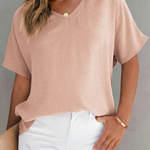 Solid Color V Neck Short Sleeve Blouse