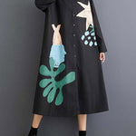 A-Line Long Sleeves Buttoned Pockets Printed Split-Joint Lapel Midi Dresses Shirt Dress