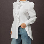 Loose Puff Sleeves Ruffled Solid Color Split-Joint Stand Collar Blouses&Shirts Tops