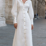 Elegant Linen-Blend Lantern Sleeve Midi Shirt Dress
