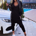 V-Neck Hollow Hooded Pocket Long Sleeve  Athletic Jumpsuit