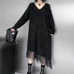 Irregularity Long Sleeves Contrast Color Sequined Shiny Split-Joint Tasseled V-Neck Midi Dresses Sweater Dresses