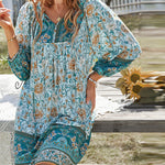 A-Line Loose Contrast Color Flower Print Pleated V-Neck Mini Dresses