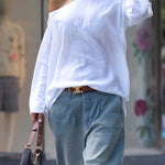 Long Sleeves Loose Solid Color One-Shoulder T-Shirts Tops