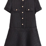1960s London Girl Tweed Textured Gold Button Short Sleeve Pocketed Mini Dress