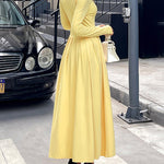 High Waisted Long Sleeves Pleated Solid Color Split-Front One-Shoulder Maxi Dresses